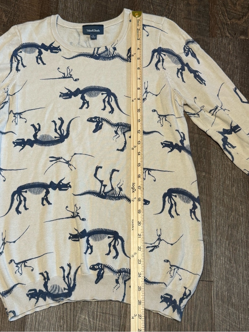 Lrg ModCloth 3/4 Sleeve Cream & Grey/Bluish Dinosaur Sweater - Picture 6 of 10
